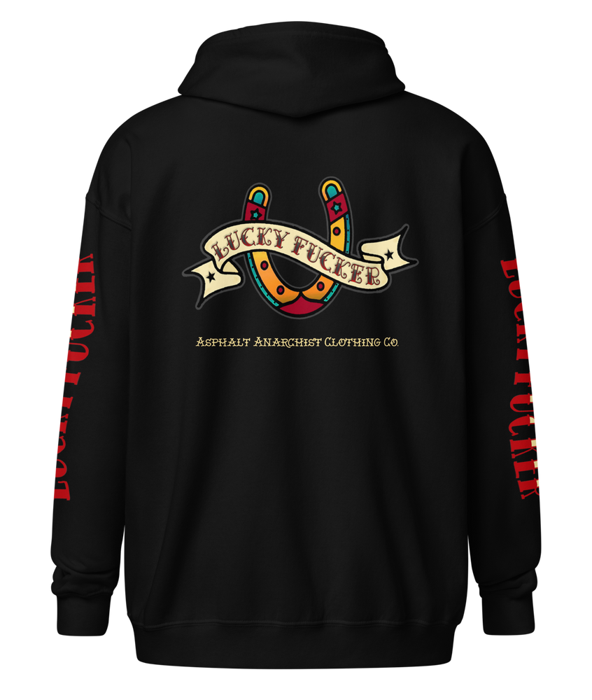 Back view of the Lucky Fucker Heavy Zipper Hoodie in black by Asphalt Anarchist Clothing Co. Featuring full-back American Traditional tattoo-style Lucky Fucker banner across a horseshoe artwork and stitched sleeve details. AI Generated Image.
