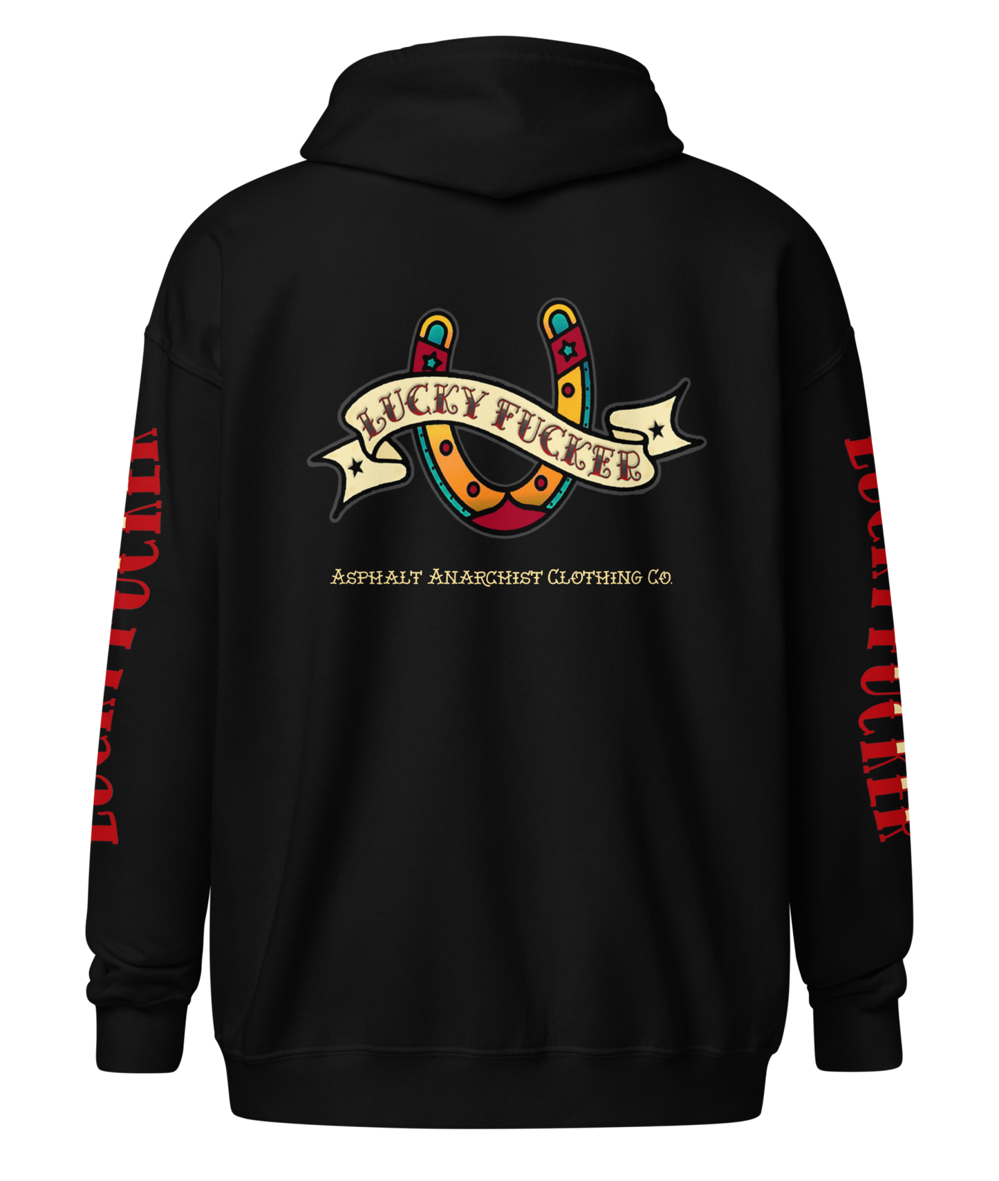 Back view of the Lucky Fucker Heavy Zipper Hoodie in black by Asphalt Anarchist Clothing Co. Featuring full-back American Traditional tattoo-style Lucky Fucker banner across a horseshoe artwork and stitched sleeve details. AI Generated Image.
