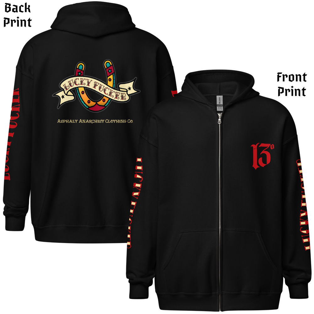 
                  
                    Back and front view of the Lucky Fucker Heavy Zipper Hoodie in black by Asphalt Anarchist Clothing Co. Featuring full-back American Traditional tattoo-style Lucky Fucker banner across a horseshoe artwork and stitched sleeve details. AI Generated Image.
                  
                