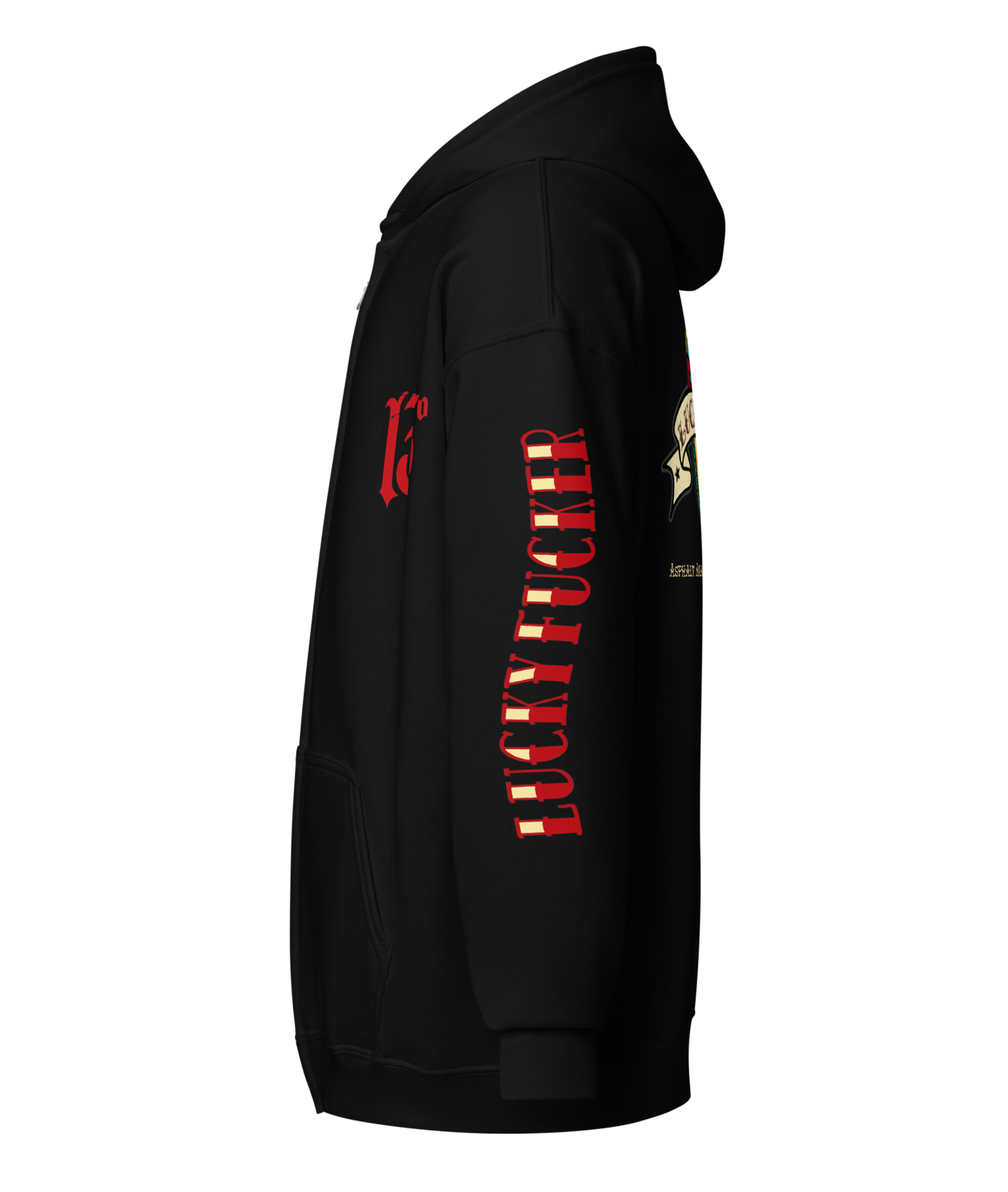 
                  
                    Left side 
view of the Lucky Fucker Heavy Zipper Hoodie in black by Asphalt Anarchist Clothing Co. Featuring full-back American Traditional tattoo-style Lucky Fucker banner across a horseshoe artwork and stitched sleeve details. AI Generated Image.
                  
                