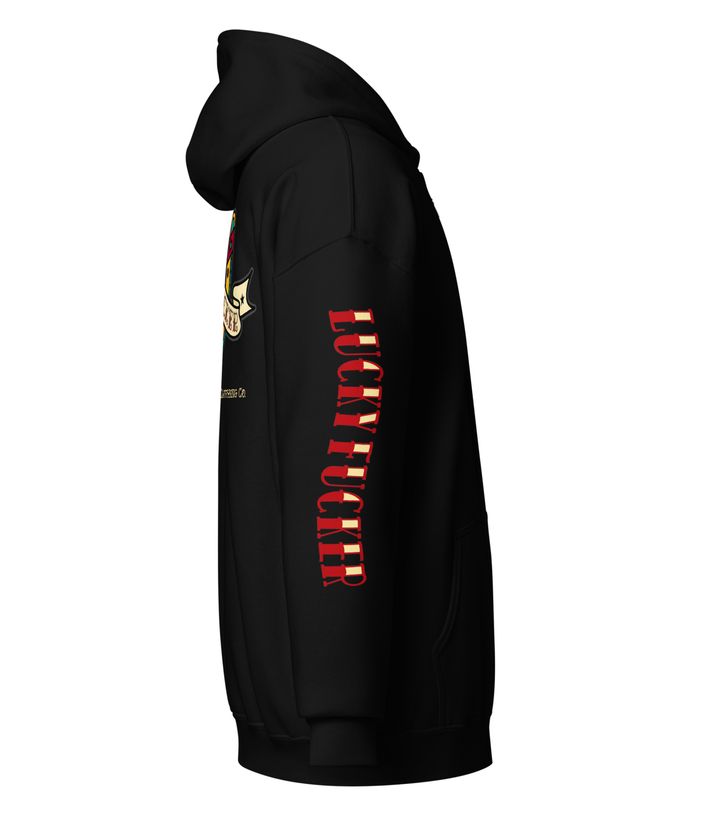 
                  
                    Right side view of the Lucky Fucker Heavy Zipper Hoodie in black by Asphalt Anarchist Clothing Co. Featuring full-back American Traditional tattoo-style Lucky Fucker banner across a horseshoe artwork and stitched sleeve details. AI Generated Image.
                  
                