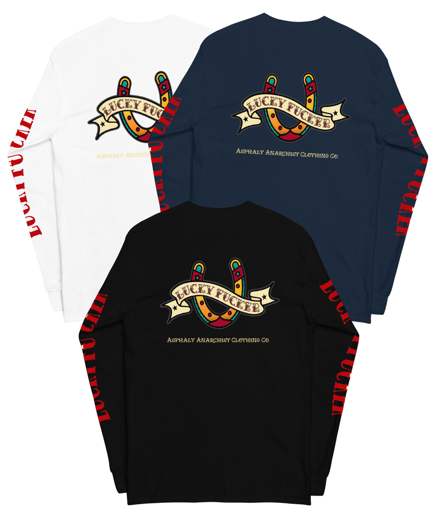 Front collage view of the Asphalt Anarchist Lucky Fucker Long Sleeve Tee in black, navy, or white. American traditional Tattoo flash-inspired back design, cursed chest hit, and bold sleeve typography. AI Generated Image.
