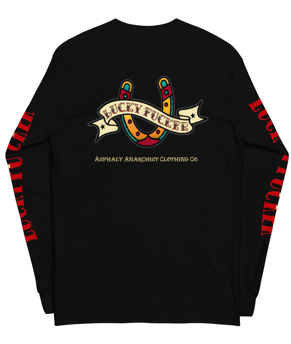 Front view of the Asphalt Anarchist Lucky Fucker Long Sleeve Tee in black. American traditional Tattoo flash-inspired back design, cursed chest hit, and bold sleeve typography. AI Generated Image.

