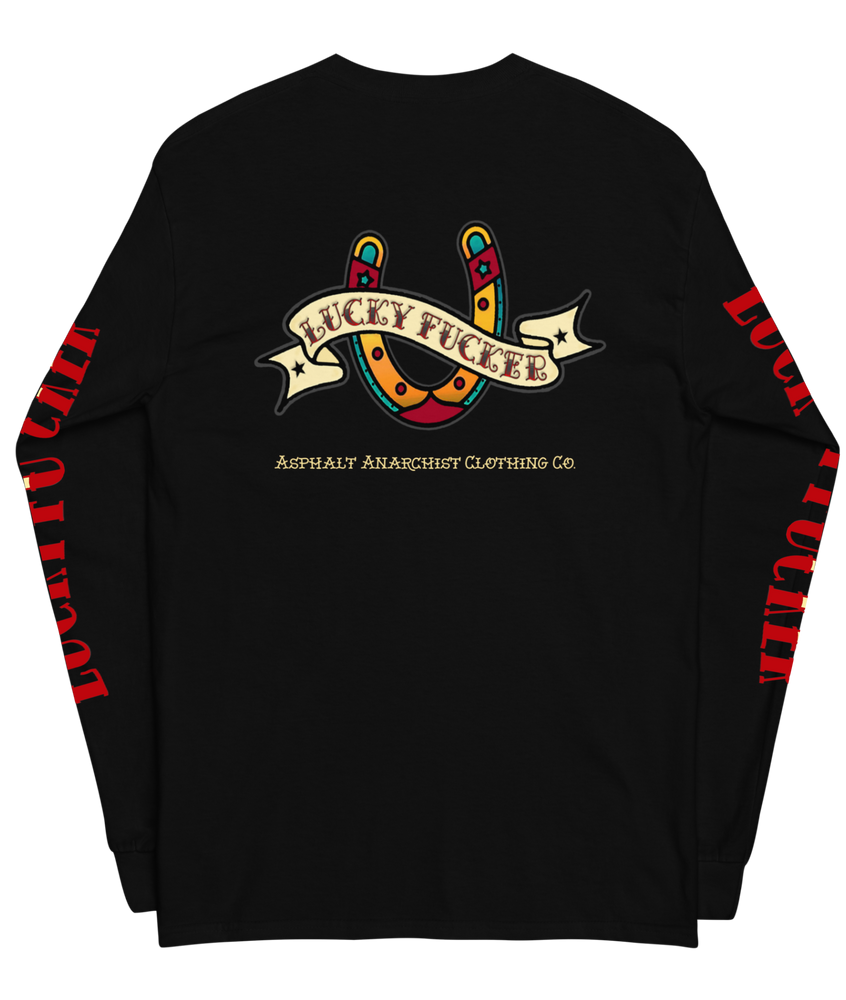 Front view of the Asphalt Anarchist Lucky Fucker Long Sleeve Tee in black. American traditional Tattoo flash-inspired back design, cursed chest hit, and bold sleeve typography. AI Generated Image.

