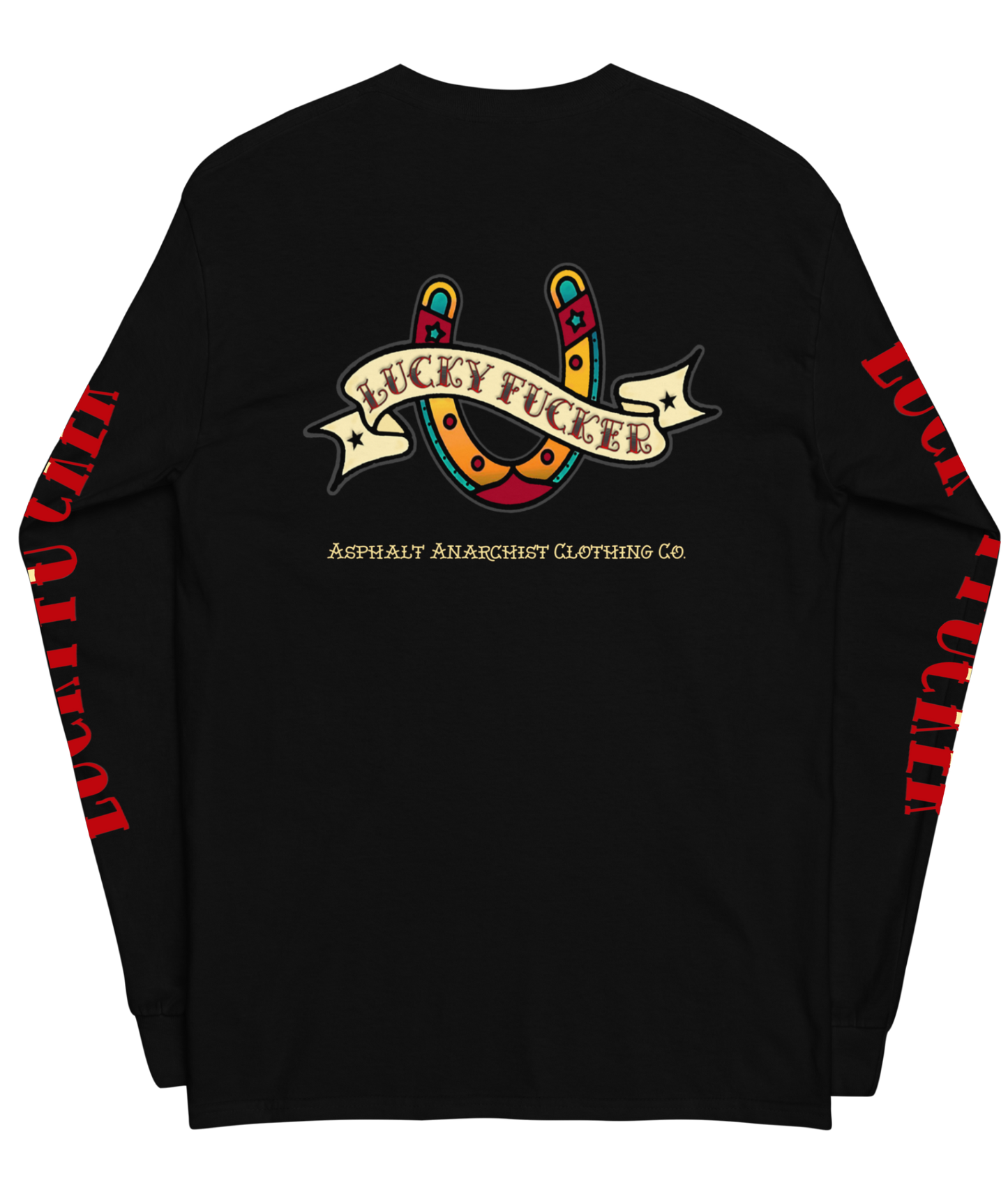 Front view of the Asphalt Anarchist Lucky Fucker Long Sleeve Tee in black. American traditional Tattoo flash-inspired back design, cursed chest hit, and bold sleeve typography. AI Generated Image.

