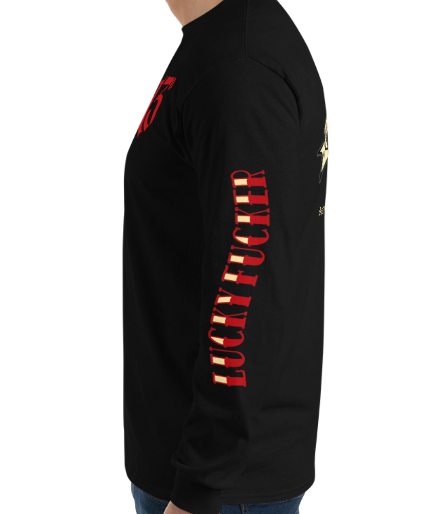 
                  
                    Left side view of the Asphalt Anarchist Lucky Fucker Long Sleeve Tee in black. American traditional Tattoo flash-inspired back design, cursed chest hit, and bold sleeve typography. AI Generated Image.
                  
                