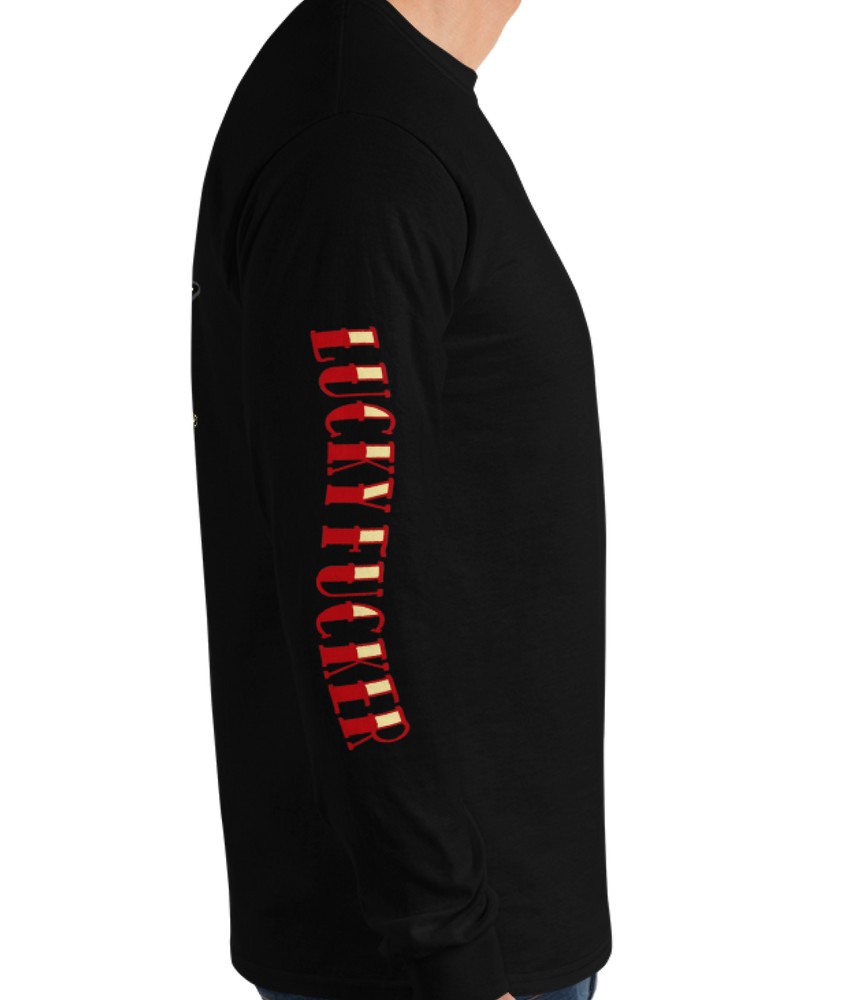 
                  
                    Right Side view of the Asphalt Anarchist Lucky Fucker Long Sleeve Tee in black. American traditional Tattoo flash-inspired back design, cursed chest hit, and bold sleeve typography. AI Generated Image.
                  
                