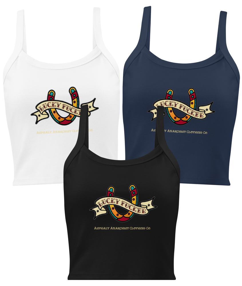 Front collage view of the Women’s Lucky Fucker Tank Top in black, navy, or white from Asphalt Anarchist with vintage-inspired horseshoe banner and back 13 flash. AI Generated Image.