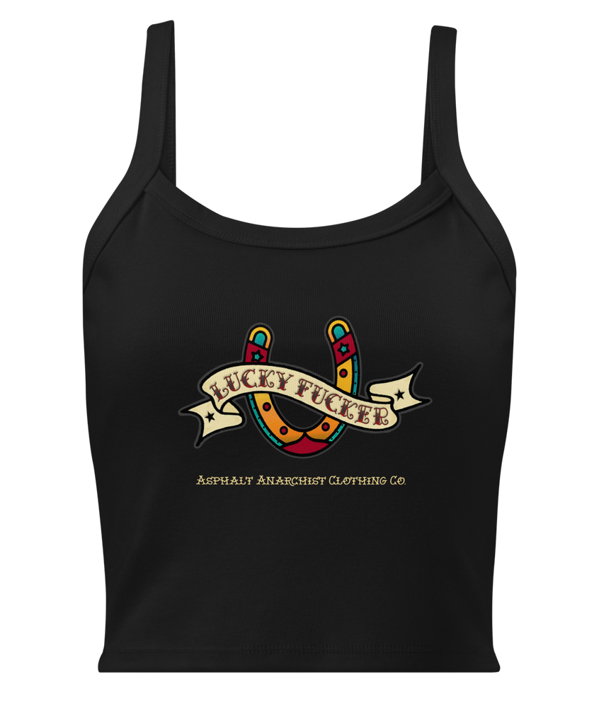 Front view of the Women’s Lucky Fucker Tank Top in black from Asphalt Anarchist with vintage-inspired horseshoe banner and back 13 flash. AI Generated Image.