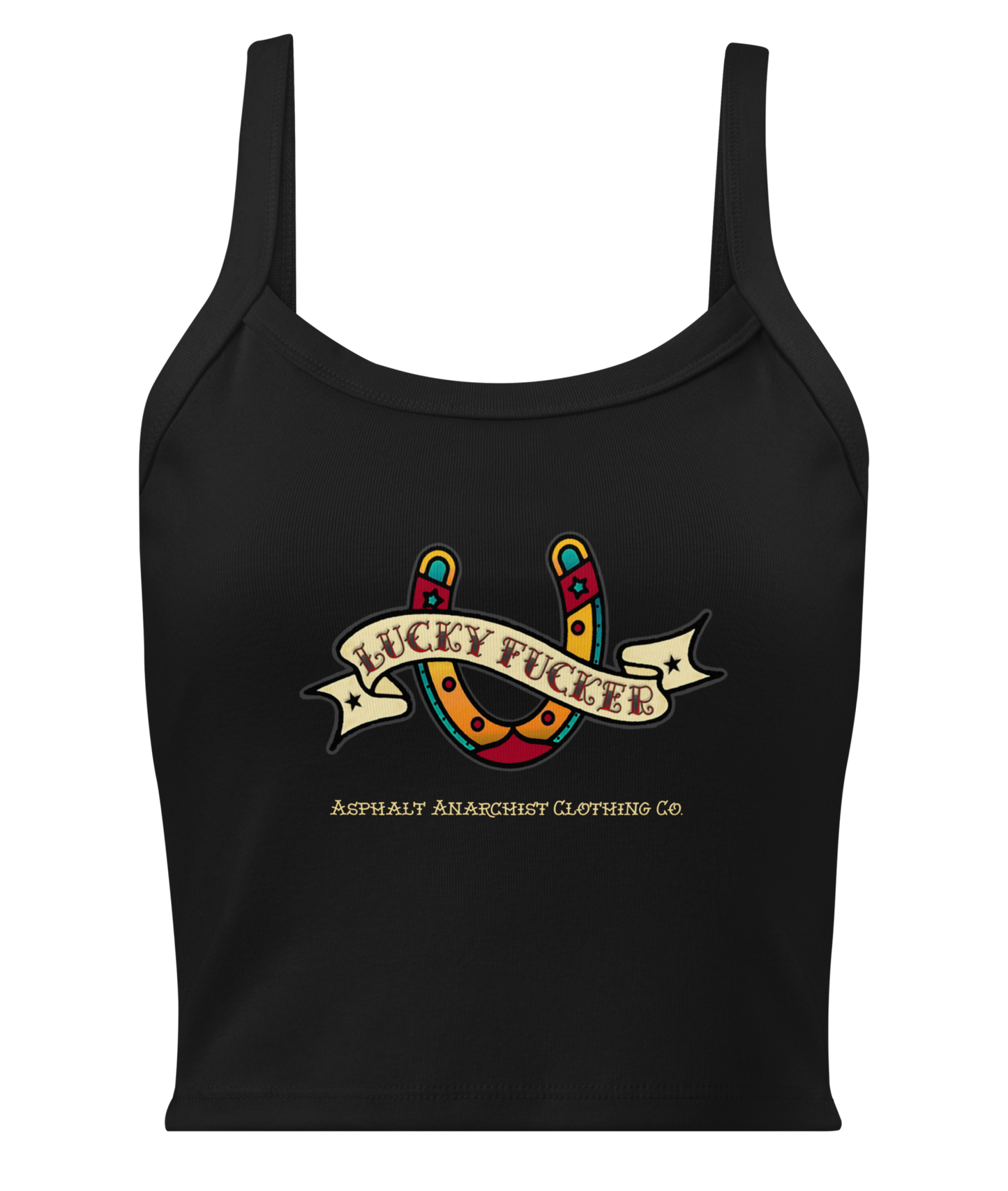 Front view of the Women’s Lucky Fucker Tank Top in black from Asphalt Anarchist with vintage-inspired horseshoe banner and back 13 flash. AI Generated Image.