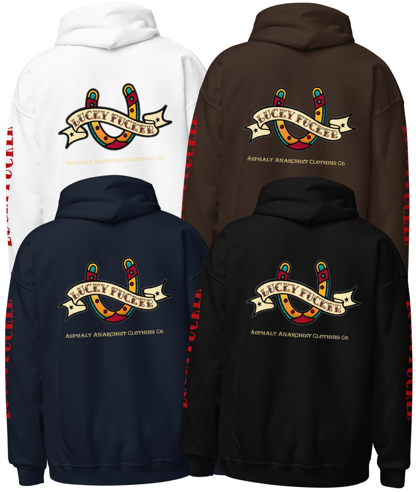 
                  
                    Back collage view of the Lucky Fucker Pullover Heavy Hoodie in black, white, brown, or navy by Asphalt Anarchist featuring full-back tattoo-style design and stitched sleeve text. AI Generated Image.
                  
                
