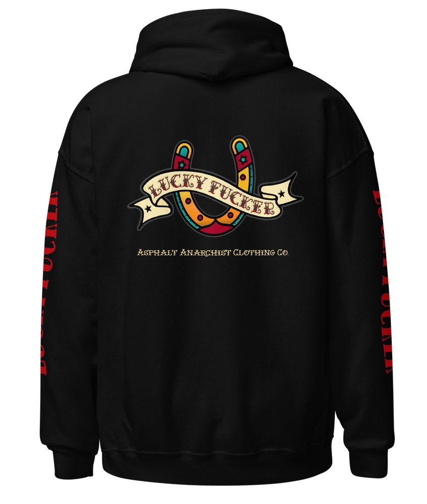 
                  
                    Back view of the Lucky Fucker Pullover Heavy Hoodie in black by Asphalt Anarchist featuring full-back tattoo-style design and stitched sleeve text. AI Generated Image.
                  
                