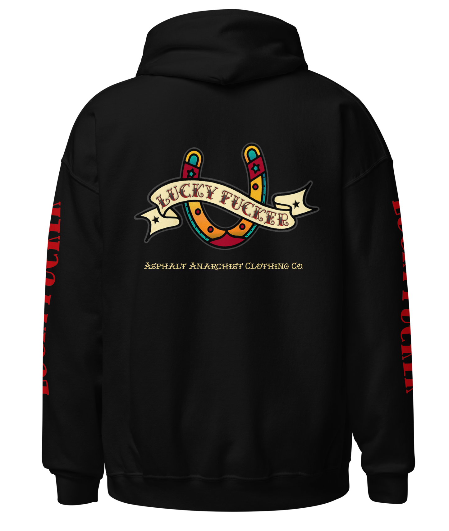 
                  
                    Back view of the Lucky Fucker Pullover Heavy Hoodie in black by Asphalt Anarchist featuring full-back tattoo-style design and stitched sleeve text. AI Generated Image.
                  
                