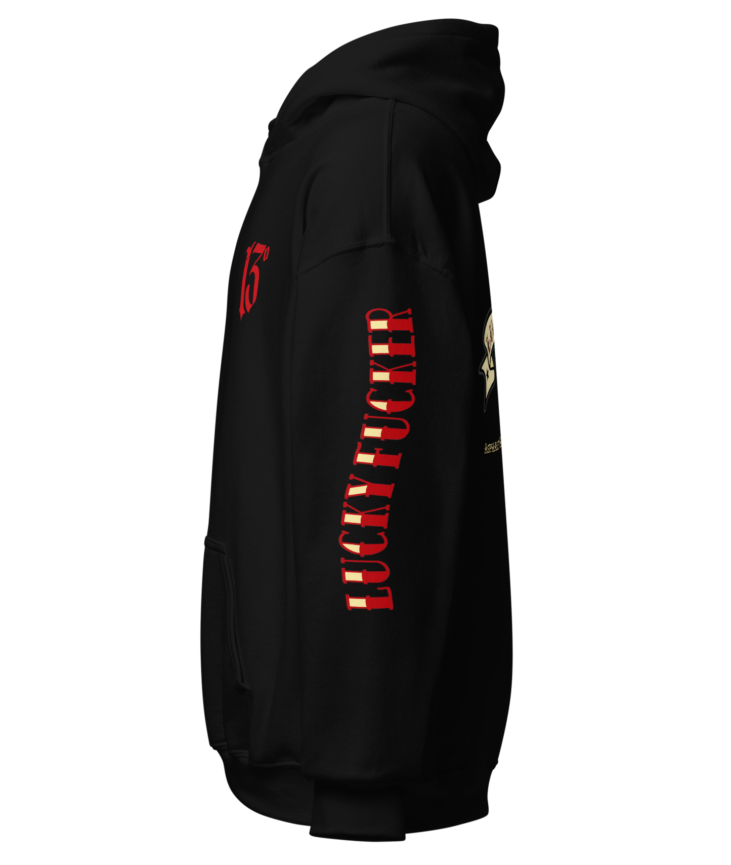 
                  
                    Left side view of the Lucky Fucker Pullover Heavy Hoodie in black by Asphalt Anarchist featuring full-back tattoo-style design and stitched sleeve text. AI Generated Image.
                  
                