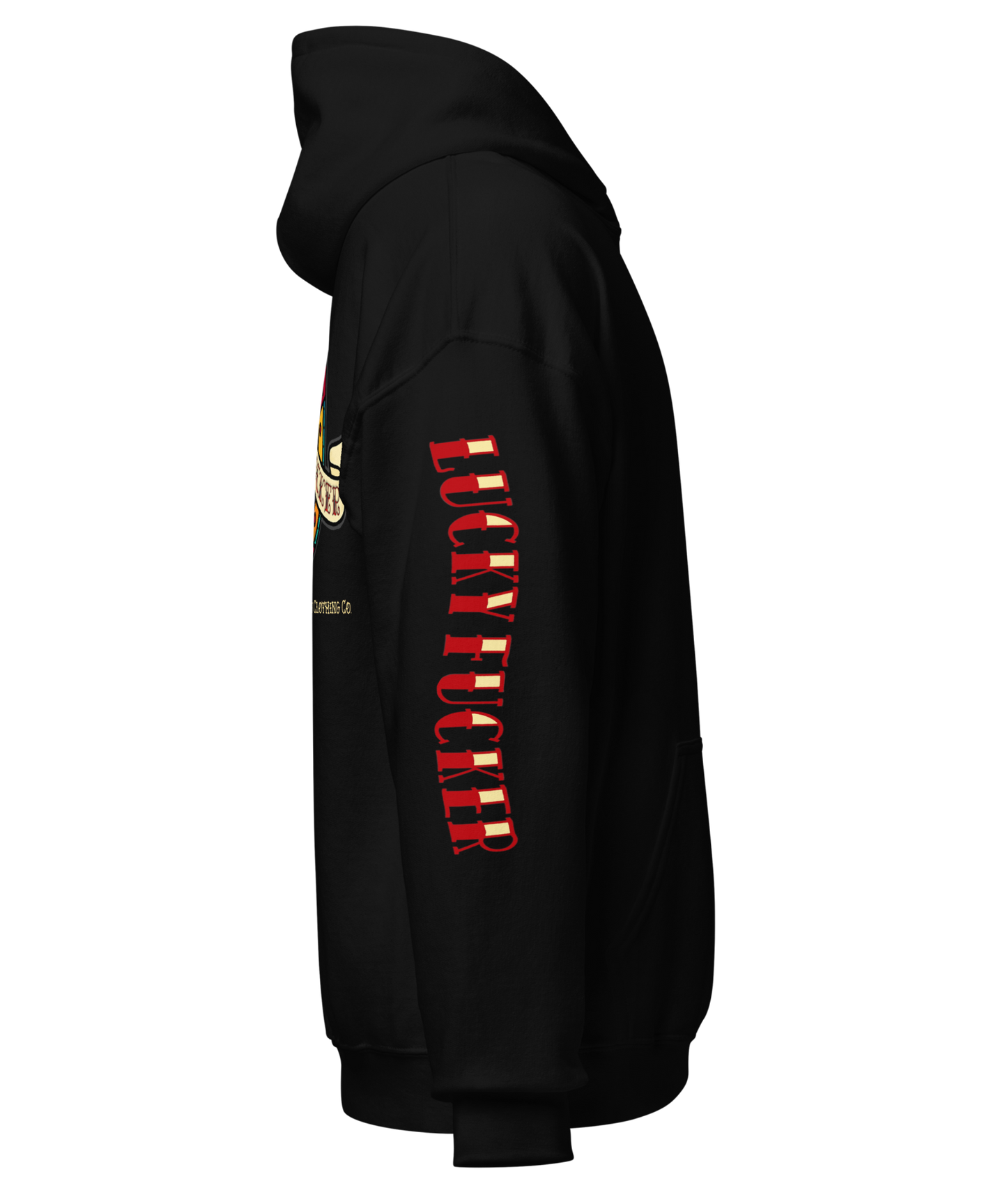 
                  
                    Right side view of the Lucky Fucker Pullover Heavy Hoodie in black by Asphalt Anarchist featuring full-back tattoo-style design and stitched sleeve text. AI Generated Image.
                  
                