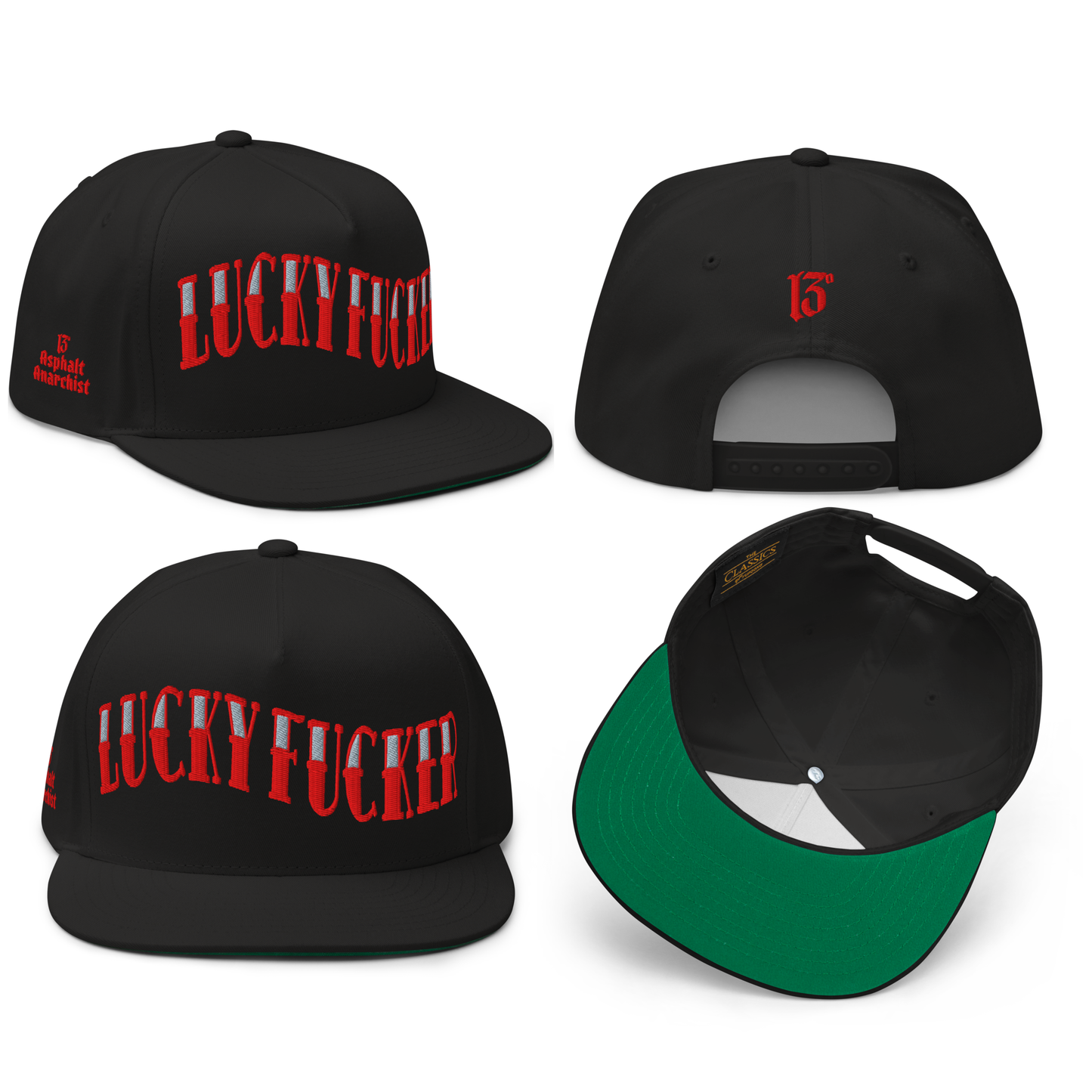 
                  
                    Front collage view of the Lucky Fucker Embroidered Snapback by Asphalt Anarchist—black 5-panel cap with “Lucky Fucker” stitched in sailor tattoo font, embroidered 13 on the back, and side logo detail. AI Generated Image.
                  
                