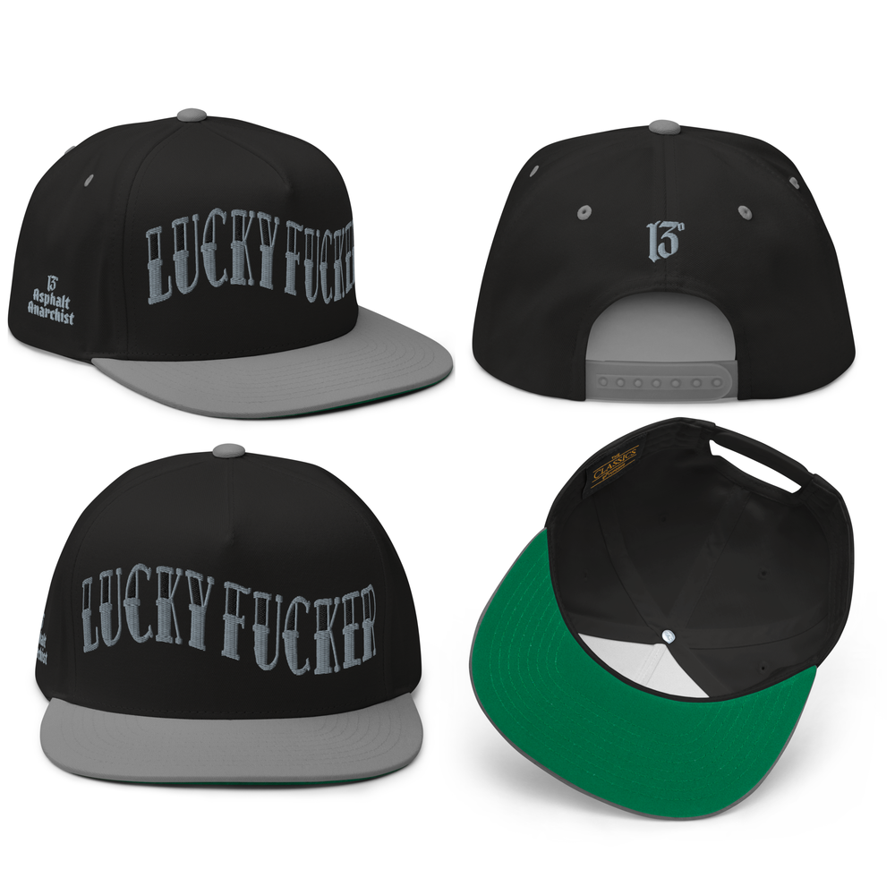 
                  
                    Front collage view of the Lucky Fucker Embroidered Snapback by Asphalt Anarchist—black & gray 5-panel cap with “Lucky Fucker” stitched in sailor tattoo font, embroidered 13 on the back, and side logo detail. AI Generated Image.
                  
                