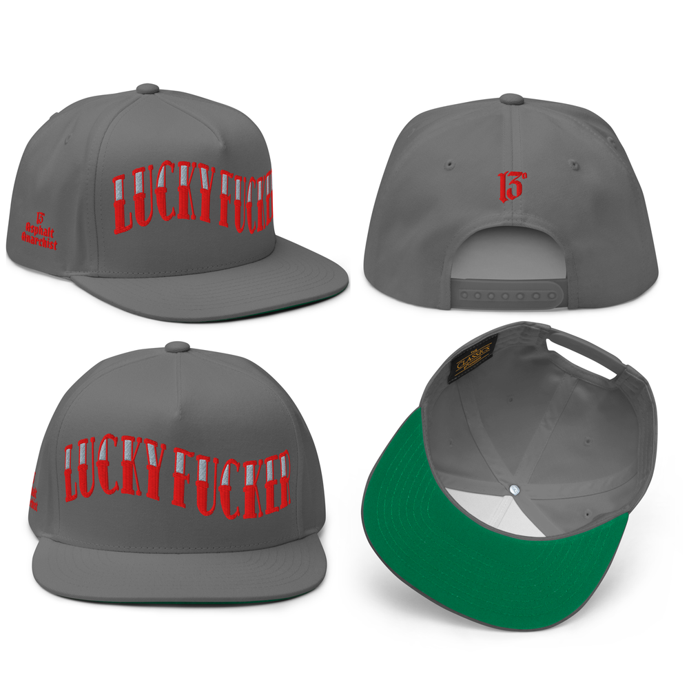 
                  
                    Front collage view of the Lucky Fucker Embroidered Snapback by Asphalt Anarchist—gray 5-panel cap with “Lucky Fucker” stitched in sailor tattoo font, embroidered 13 on the back, and side logo detail. AI Generated Image.
                  
                
