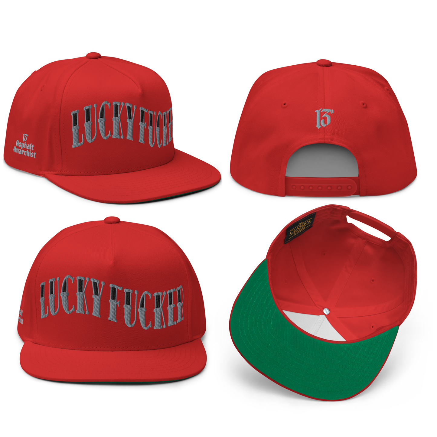 
                  
                    Front collage view of the Lucky Fucker Embroidered Snapback by Asphalt Anarchist—red 5-panel cap with “Lucky Fucker” stitched in sailor tattoo font, embroidered 13 on the back, and side logo detail. AI Generated Image
                  
                