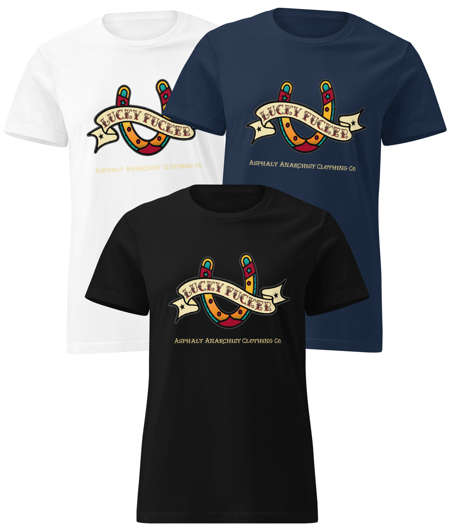 Front collage view of the Lucky Fucker Women’s Soft-Style Tee in black, navy, or white by Asphalt Anarchist Clothing Co. Front American traditional tattoo horseshoe & banner design with and subcultural swagger. AI Generated Image.