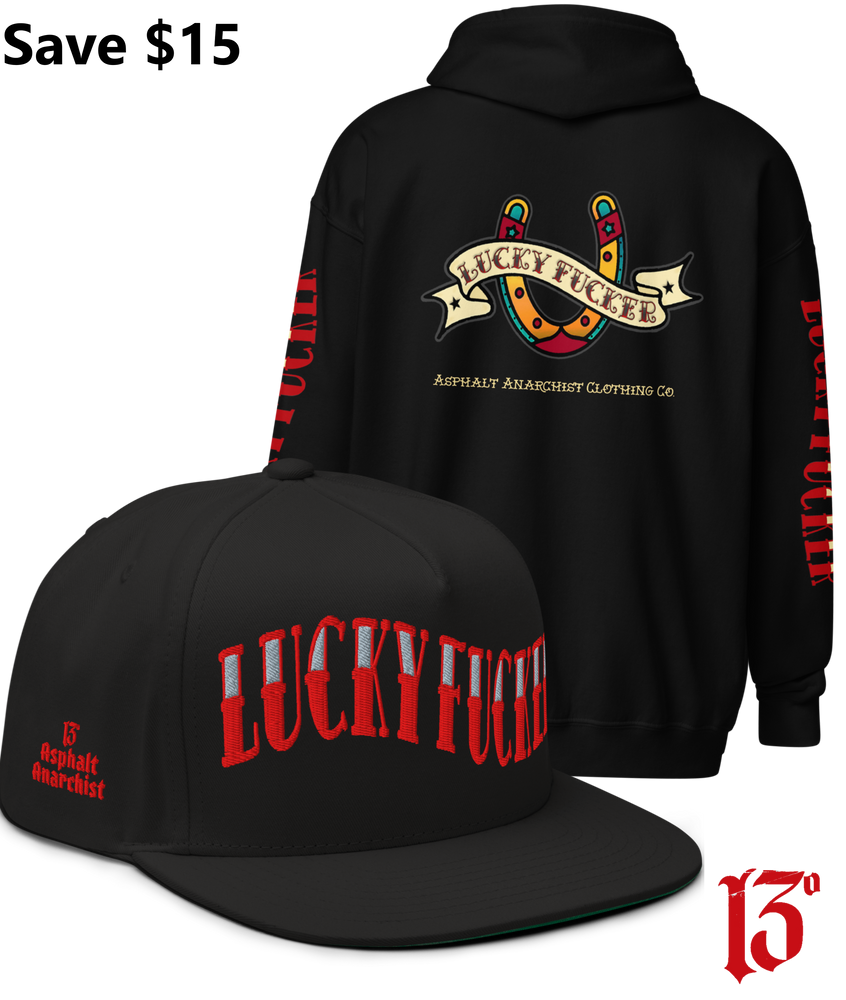 Back view of the Lucky Fucker Heavy Zipper Hoodie in black and the Lucky Fucker Snapback in black by Asphalt Anarchist Clothing Co. Featuring American traditional tattoo horseshoe & banner artwork and sailor font details. AI Generated Image.
