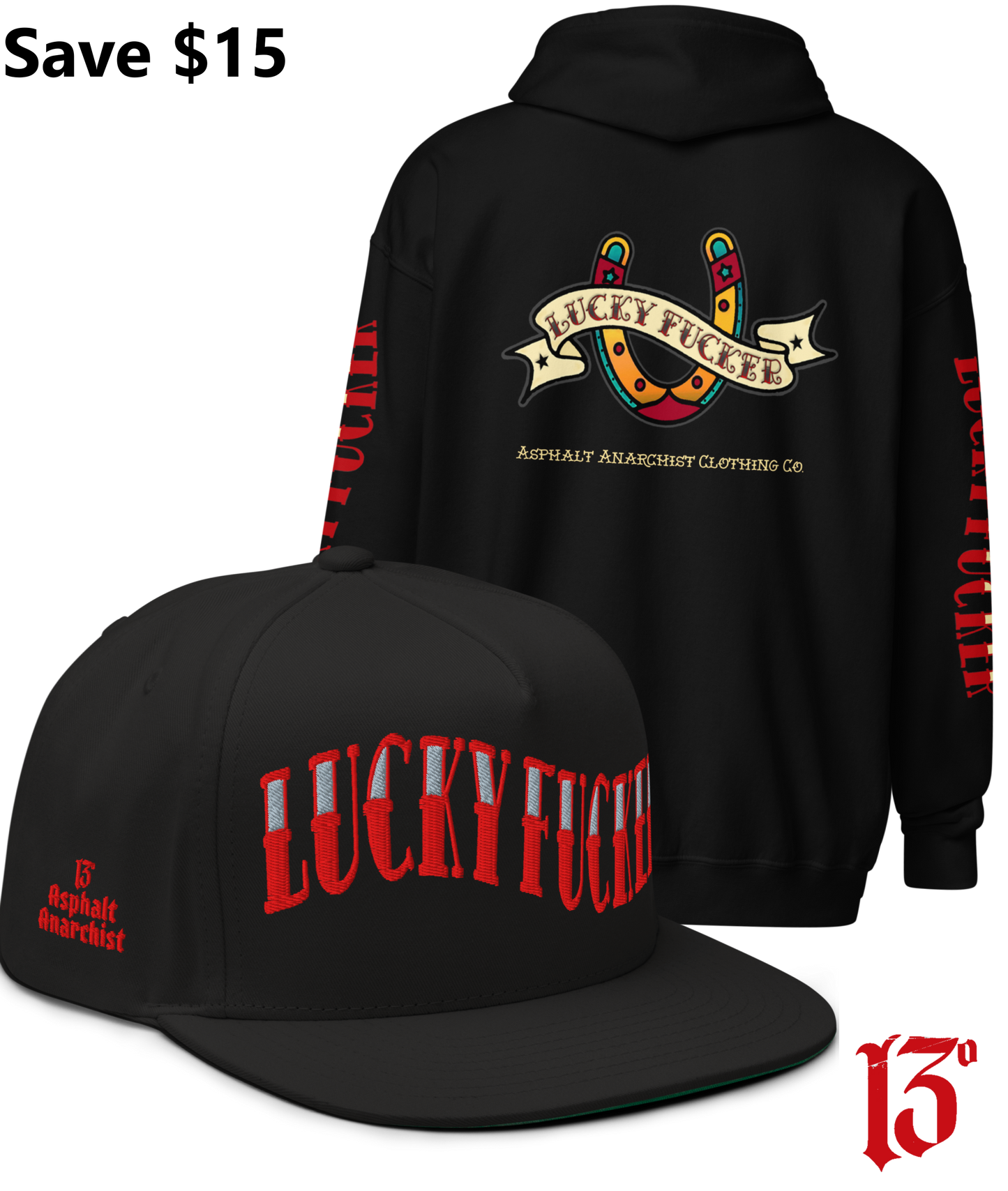 Back view of the Lucky Fucker Heavy Zipper Hoodie in black and the Lucky Fucker Snapback in black by Asphalt Anarchist Clothing Co. Featuring American traditional tattoo horseshoe & banner artwork and sailor font details. AI Generated Image.
