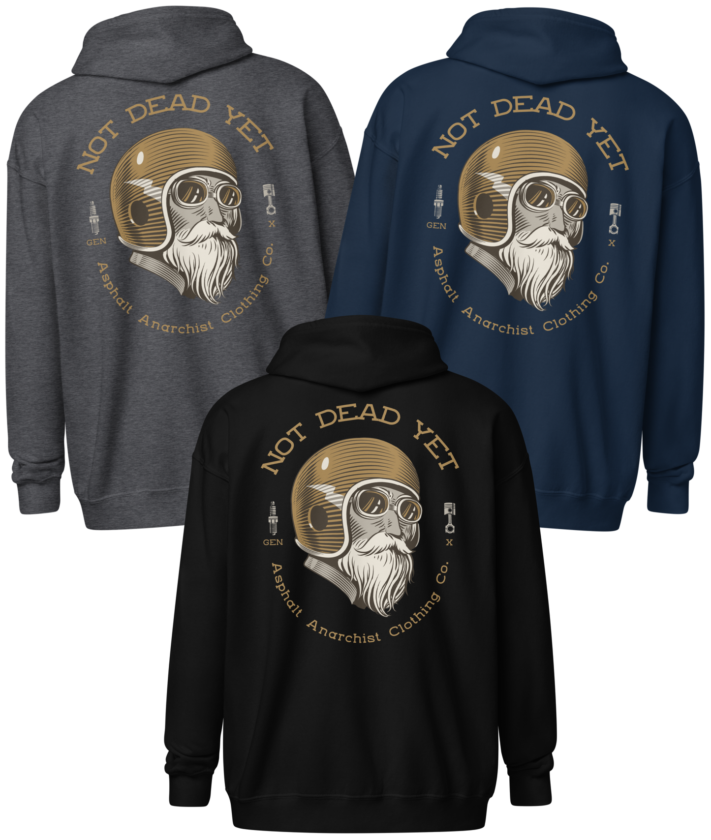 3 Item back view. Black, navy, gray heavy zipper hoodie with full-back "Not Dead Yet" crash helmet cowboy design in bold ink. Built from ultra-soft 50/50 cotton-poly fleece—gritty style for rebels still kicking. From Asphalt Anarchist Clothing Co. AI Generated Image