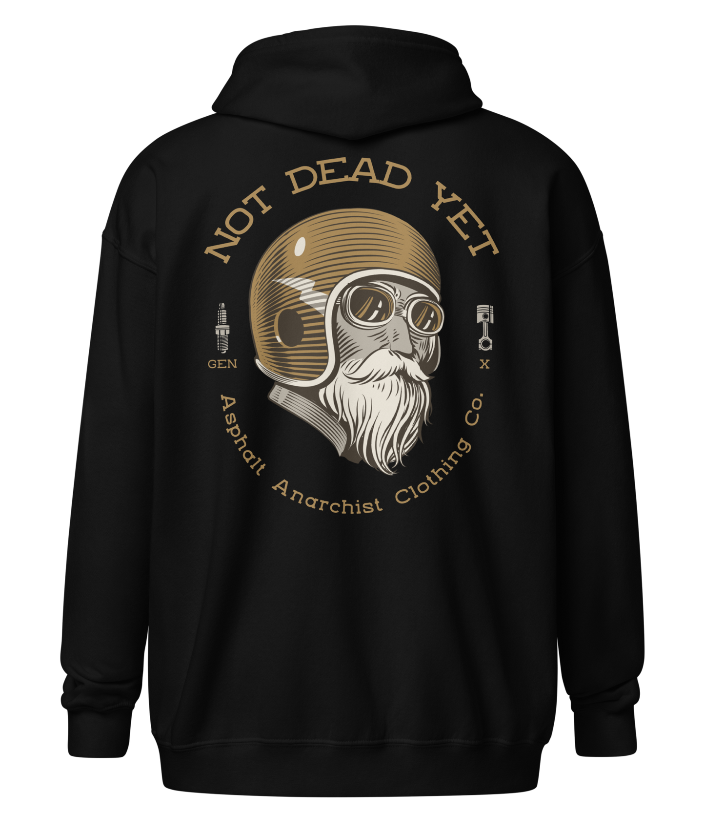 Back view. Black heavy zipper hoodie with full-back "Not Dead Yet" crash helmet cowboy design in bold ink. Built from ultra-soft 50/50 cotton-poly fleece—gritty style for rebels still kicking. From Asphalt Anarchist Clothing Co. AI Generated Image