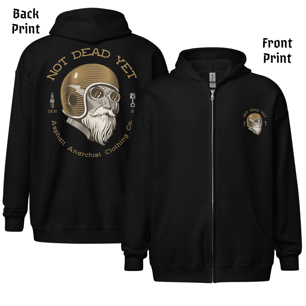
                  
                    Front & Back view. Black heavy zipper hoodie with full-back "Not Dead Yet" crash helmet cowboy design in bold ink. Built from ultra-soft 50/50 cotton-poly fleece—gritty style for rebels still kicking. From Asphalt Anarchist Clothing Co. AI Generated Image
                  
                