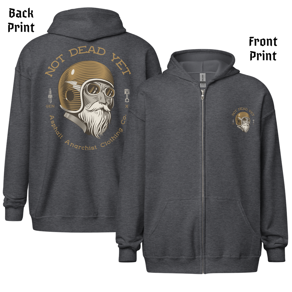 
                  
                    Front & Back view. Gray heavy zipper hoodie with full-back "Not Dead Yet" crash helmet cowboy design in bold ink. Built from ultra-soft 50/50 cotton-poly fleece—gritty style for rebels still kicking. From Asphalt Anarchist Clothing Co. AI Generated Image
                  
                