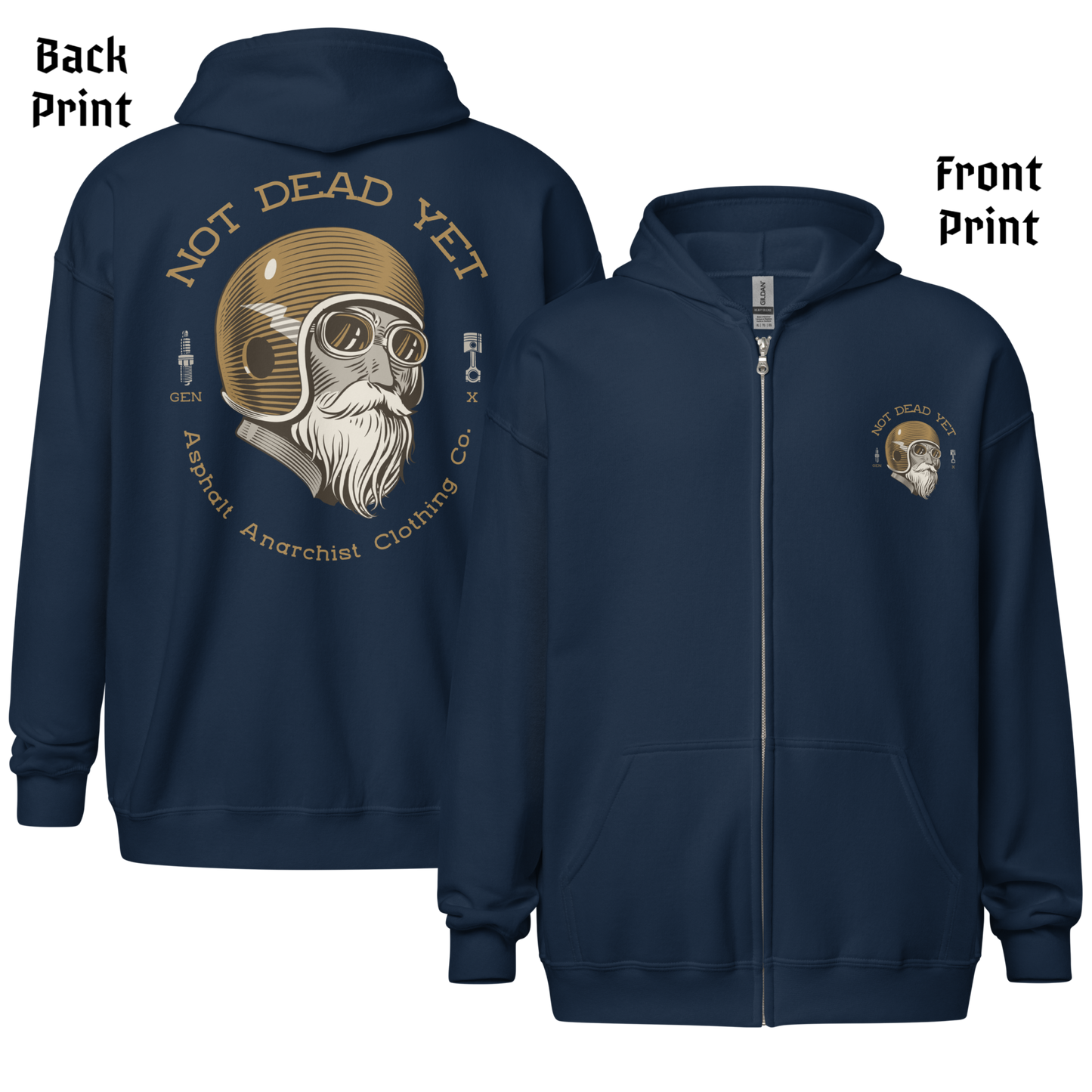 
                  
                    Front & Back view. Navy heavy zipper hoodie with full-back "Not Dead Yet" crash helmet cowboy design in bold ink. Built from ultra-soft 50/50 cotton-poly fleece—gritty style for rebels still kicking. From Asphalt Anarchist Clothing Co. AI Generated Image
                  
                