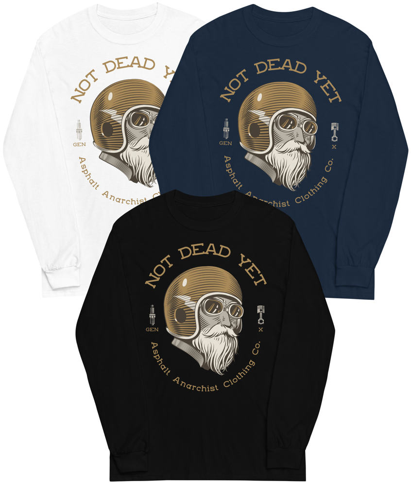 
                  
                    Front view. GenX rebellion in a black, navy, or white long sleeve tee with bold Not Dead Yet & Genx text with helmeted crash test cowboy graphic. From Asphalt Anarchist Clothing Co.  AI-generated image.
                  
                