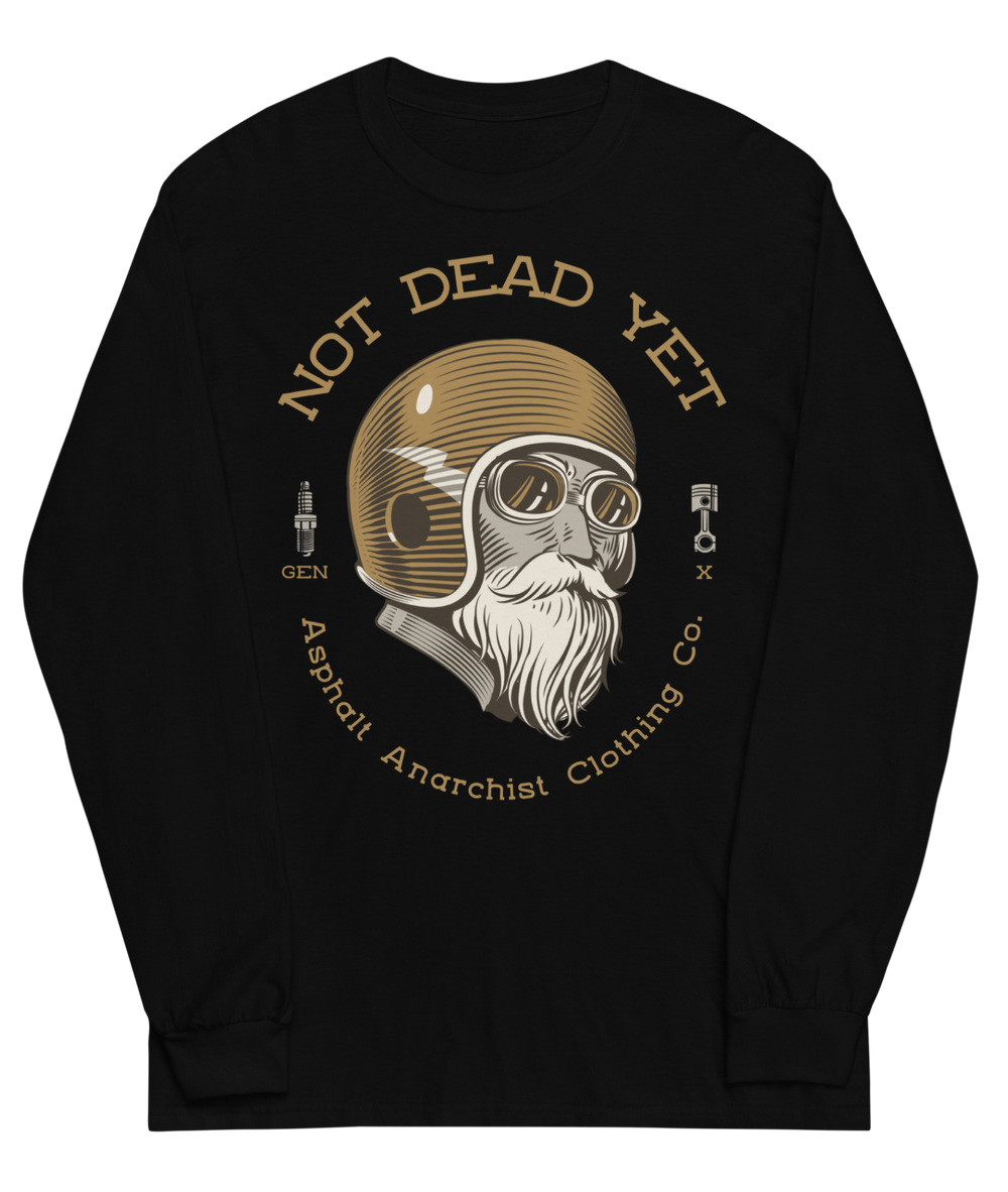 Front view. GenX rebellion in a black long sleeve tee with bold Not Dead Yet & Genx text with helmeted crash test cowboy graphic. From Asphalt Anarchist Clothing Co.  AI-generated image.