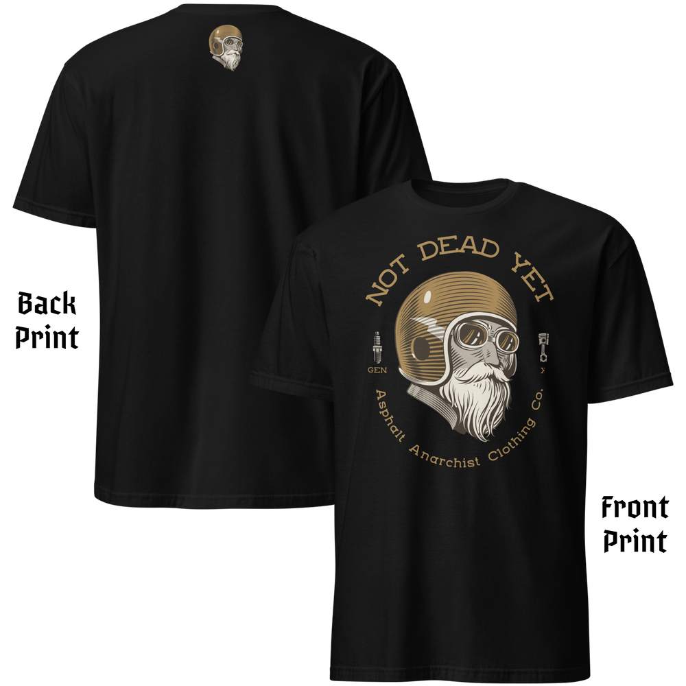 
                  
                    Front & Back view of black t-shirt featuring bold ‘Not Dead Yet’ graphic with vintage lowbrow skull art and distressed lettering in a rebellious, hot rod style. Asphalt Anarchist Clothing Co. OLD SKOOL HOT ROD APPAREL Custom fueled, never factory filled. Image is AI-generated.
                  
                