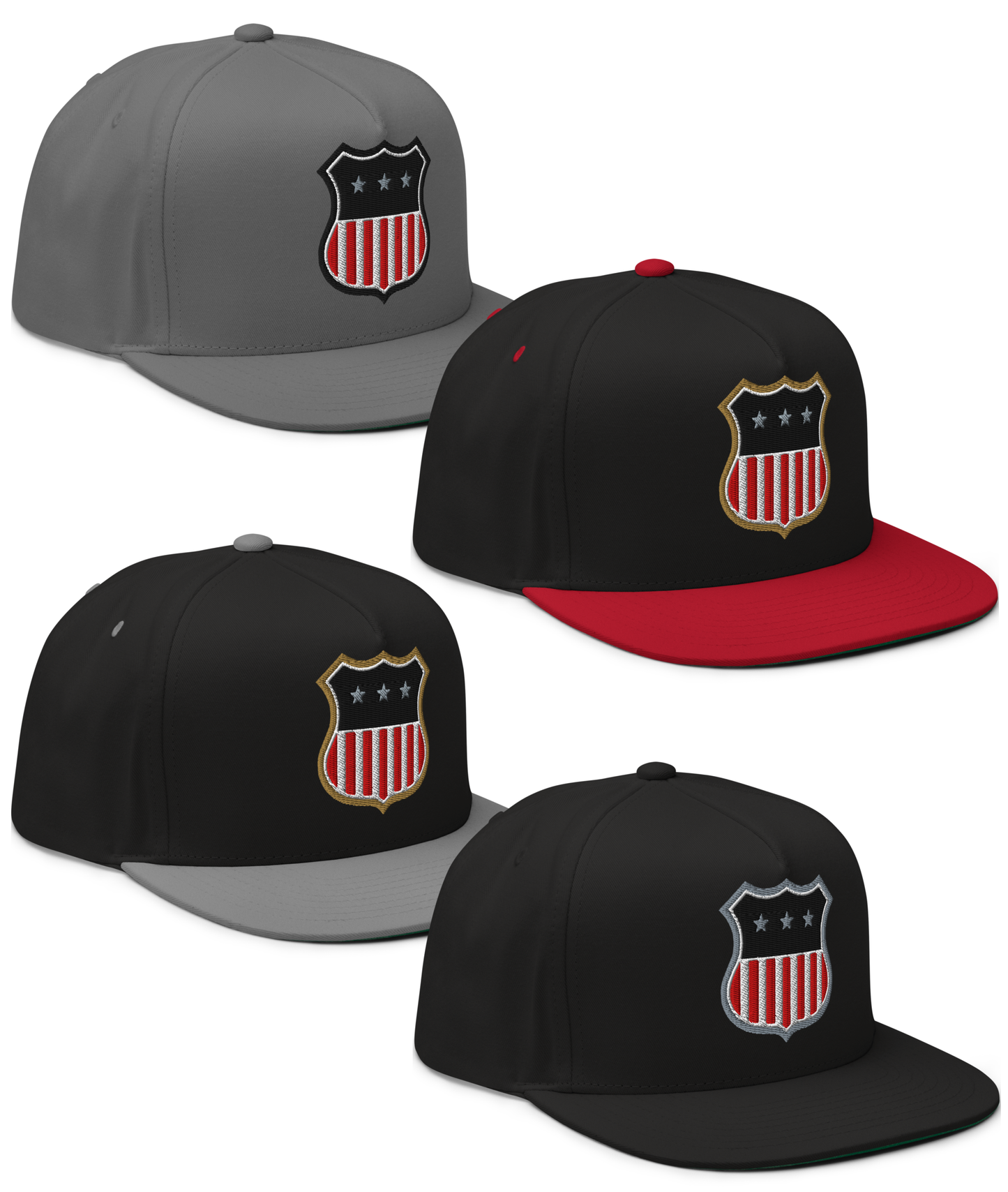 Front collage view of the Asphalt Anarchist Old Dirty Rat embroidered snapback in black, gray, black & gray, and black & red, showing the American flag shield and a worn in garage bred attitude. AI generated image.