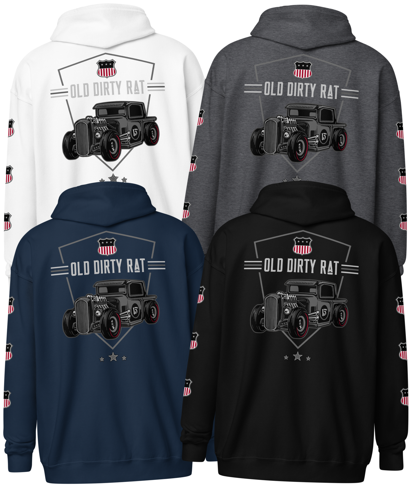 Back collage view of the Old Dirty Rat Zipper Hoodie in black, navy, dark heather, and white by Asphalt Anarchist featuring full‑back rat‑rod artwork and USA shield. AI Generated Image.