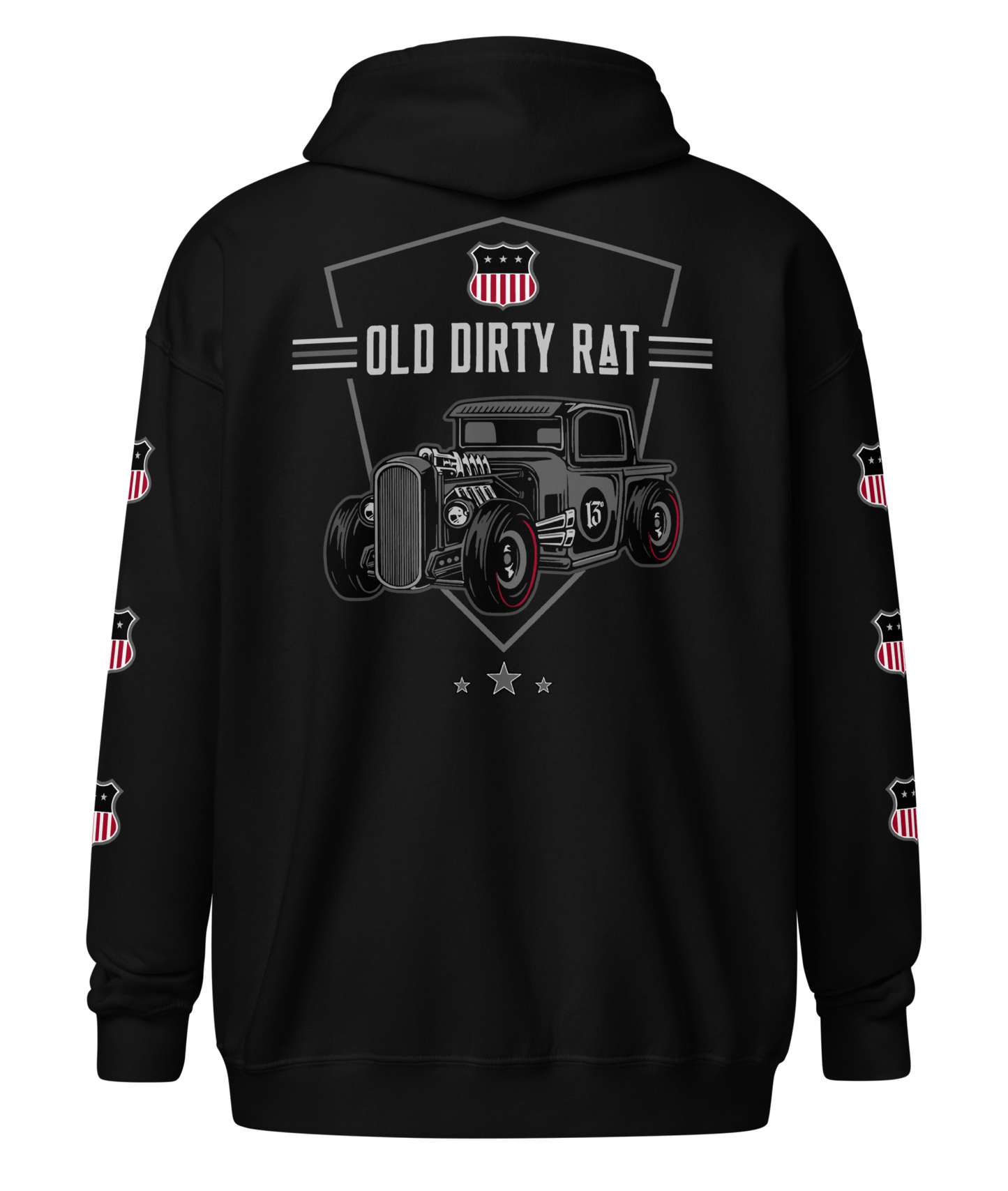 Back view of the Old Dirty Rat Zipper Hoodie in black by Asphalt Anarchist featuring full‑back rat‑rod artwork and USA shield. AI Generated Image.