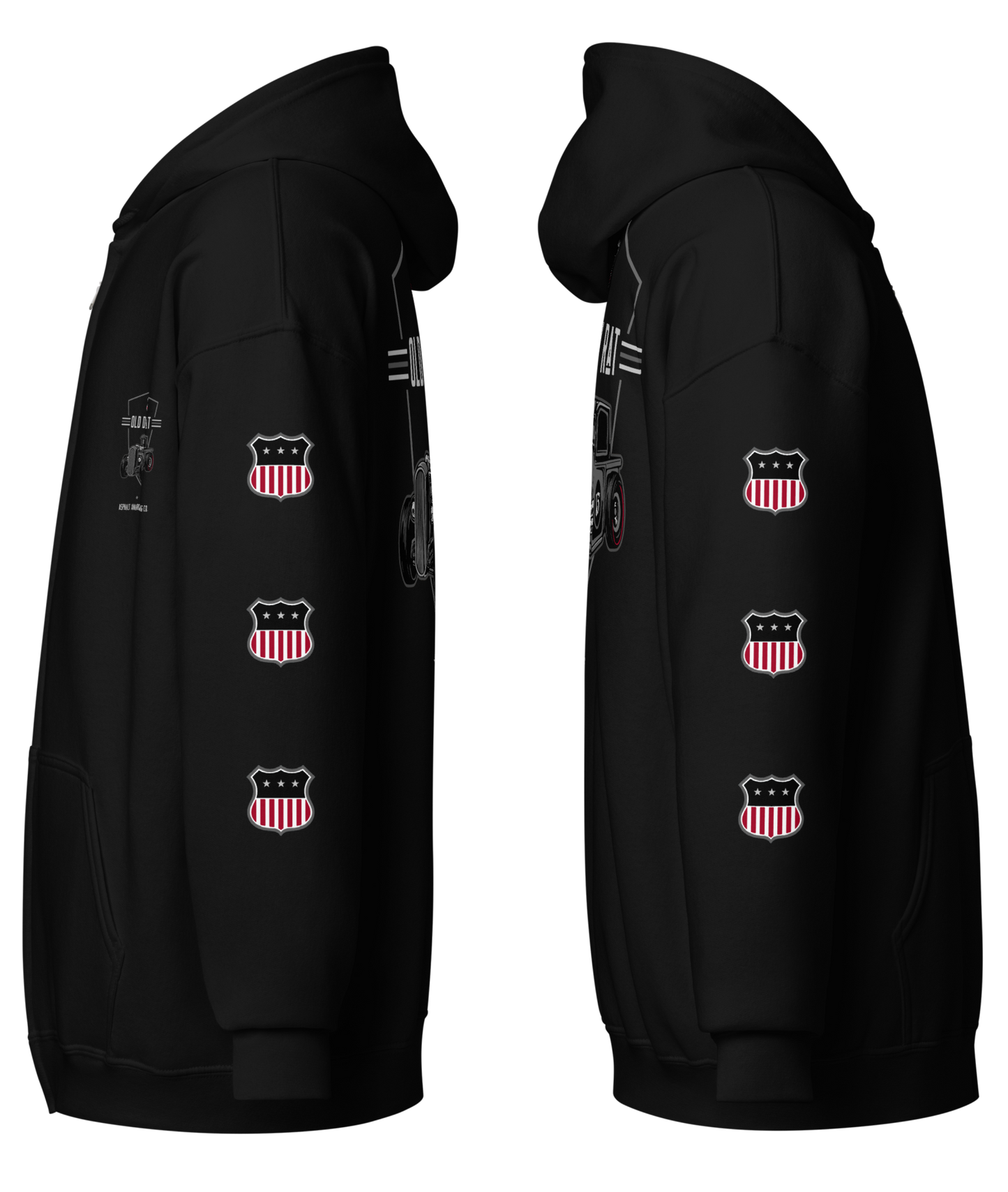 
                  
                    Side view of the Old Dirty Rat Zipper Hoodie in black by Asphalt Anarchist featuring full‑back rat‑rod artwork and USA shield. AI Generated Image.
                  
                