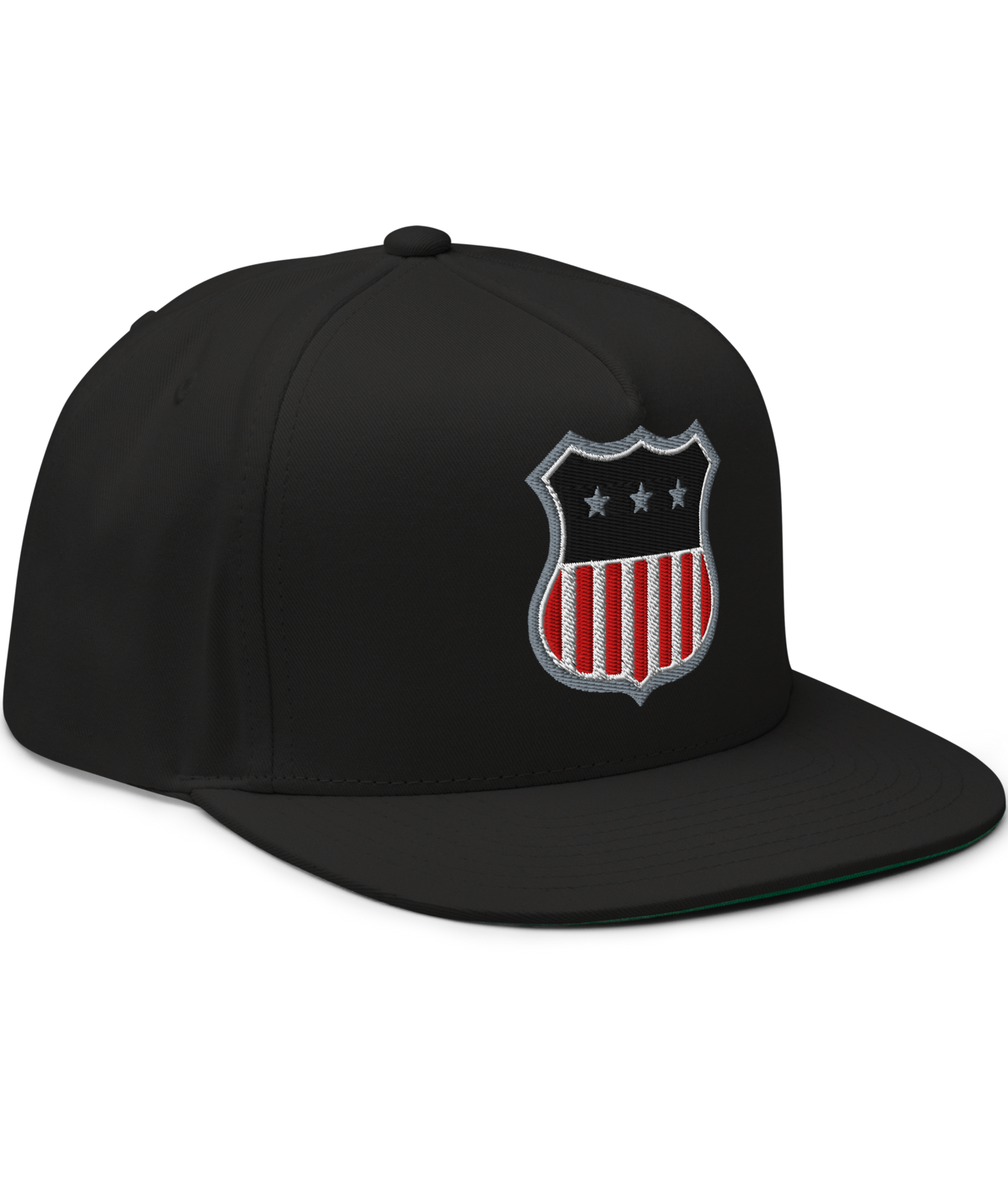 Front view of the Asphalt Anarchist Old Dirty Rat black embroidered snapback, showing the American flag shield and a worn in garage bred attitude. AI generated image.