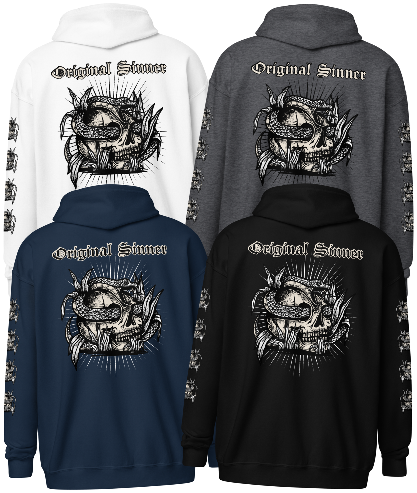 Back collage view of the Original Sinner Heavy Zipper Hoodie in black, navy, dark heather, or white from Asphalt Anarchist, showcasing skull‑and‑serpent graphics for alternative, biker, and outlaw‑inspired style. AI Generated Image.