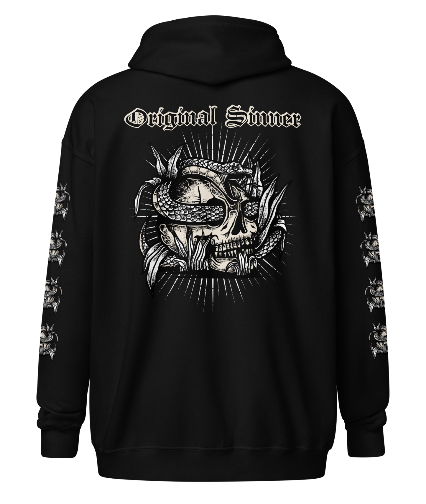 Back view of the Original Sinner Heavy Zipper Hoodie in black from Asphalt Anarchist, showcasing skull‑and‑serpent graphics for alternative, biker, and outlaw‑inspired style. AI Generated Image.