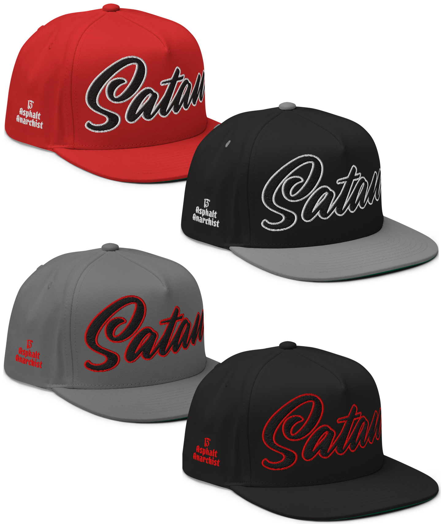 Front View Collage of the Satan’s All Star Embroidered Snapback by Asphalt Anarchist Clothing Co.—available in black, black & gray, gray, and red, 5-panel cap with cursive “Satan” front and 666 back embroidery. AI-generated image.
