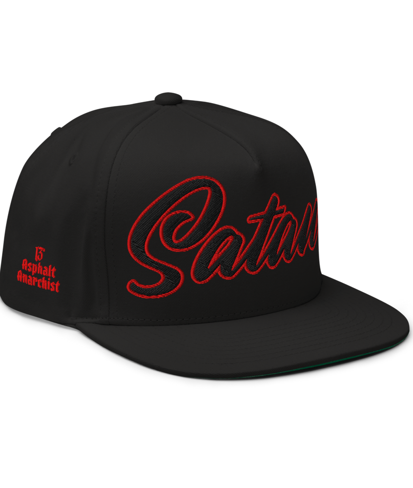 Front View of the Satan’s All Star Embroidered Snapback by Asphalt Anarchist Clothing Co.—black 5-panel cap with cursive “Satan” front and 666 back embroidery. AI-generated image.
