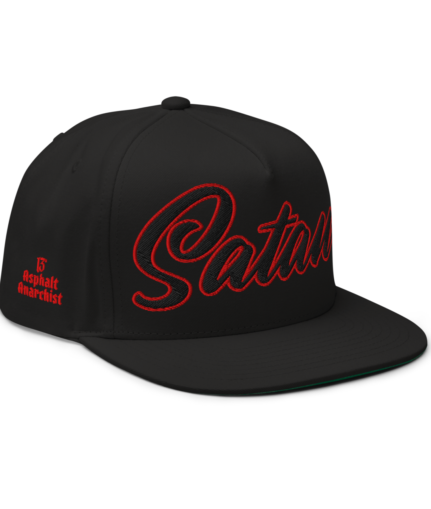 Front View of the Satan’s All Star Embroidered Snapback by Asphalt Anarchist Clothing Co.—black 5-panel cap with cursive “Satan” front and 666 back embroidery. AI-generated image.
