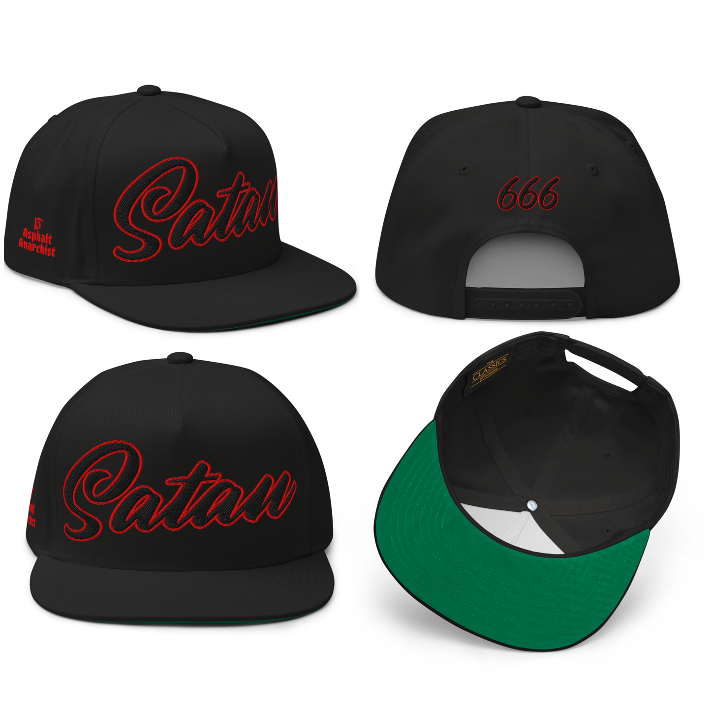 
                  
                    Front View Collage of the Satan’s All Star Embroidered Snapback by Asphalt Anarchist Clothing Co.—black 5-panel cap with cursive “Satan” front and 666 back embroidery. AI-generated image.
                  
                