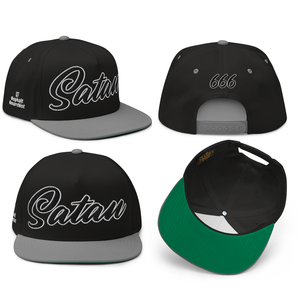 
                  
                    Front View Collage of the Satan’s All Star Embroidered Snapback by Asphalt Anarchist Clothing Co.—black & gray 5-panel cap with cursive “Satan” front and 666 back embroidery. AI-generated image.
                  
                