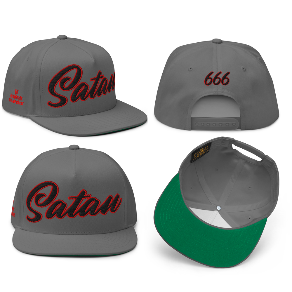 
                  
                    Front View Collage of the Satan’s All Star Embroidered Snapback by Asphalt Anarchist Clothing Co.—gray 5-panel cap with cursive “Satan” front and 666 back embroidery. AI-generated image.
                  
                