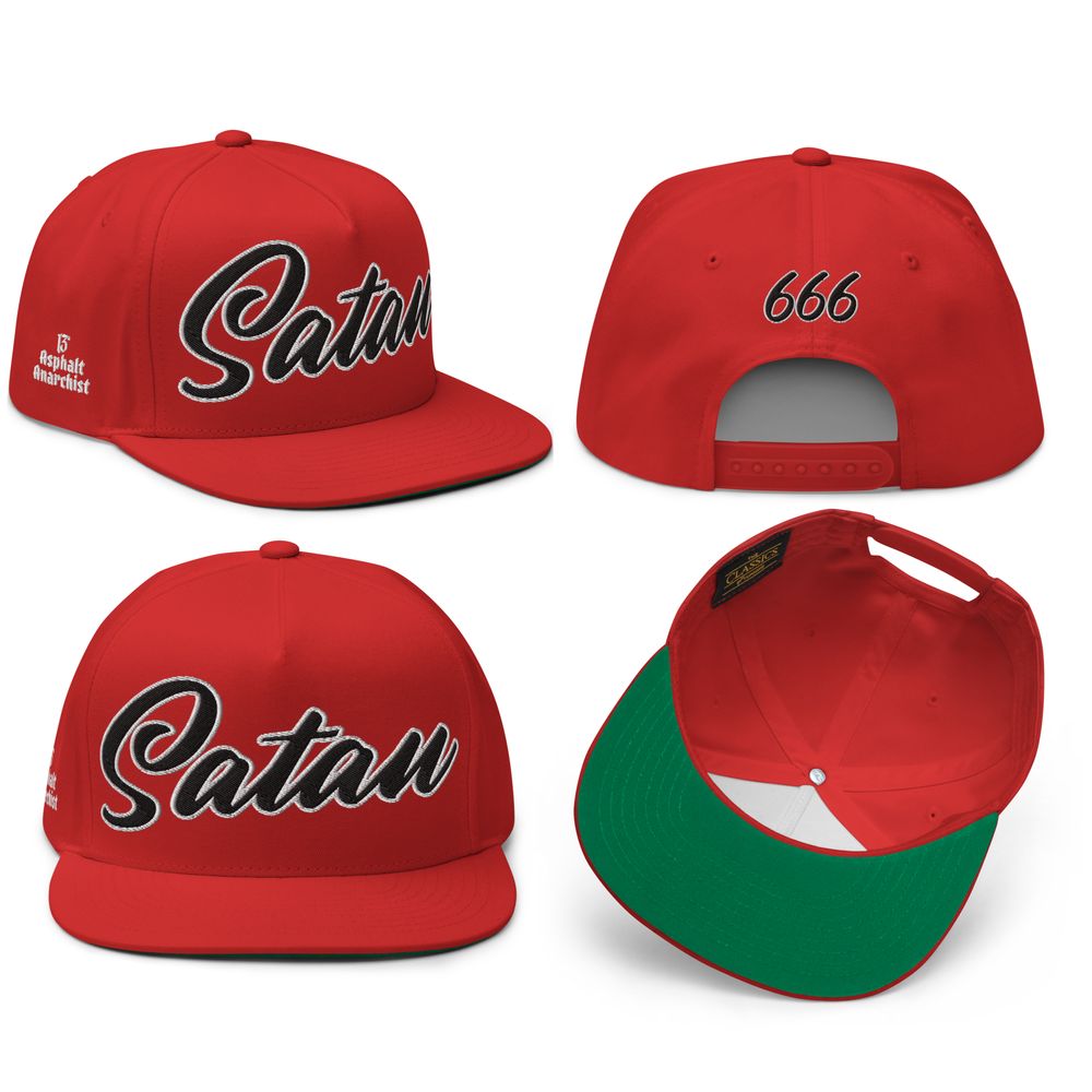 
                  
                    Front View Collage of the Satan’s All Star Embroidered Snapback by Asphalt Anarchist Clothing Co.—red 5-panel cap with cursive “Satan” front and 666 back embroidery. AI-generated image.
                  
                