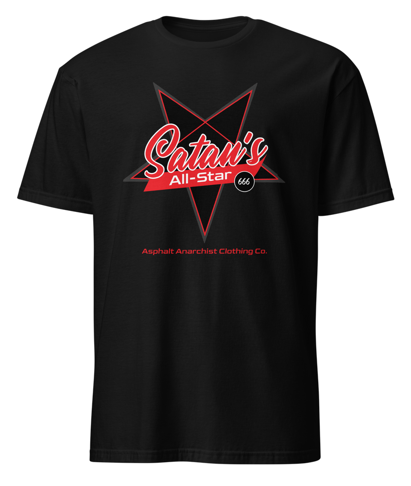 Front view of the Satan’s All Star Tee in black from Asphalt Anarchist Clothing Co.—features “Satan’s” in cursive over a pentagram with “All-Star” below and 666 on the back collar. AI-generated image.