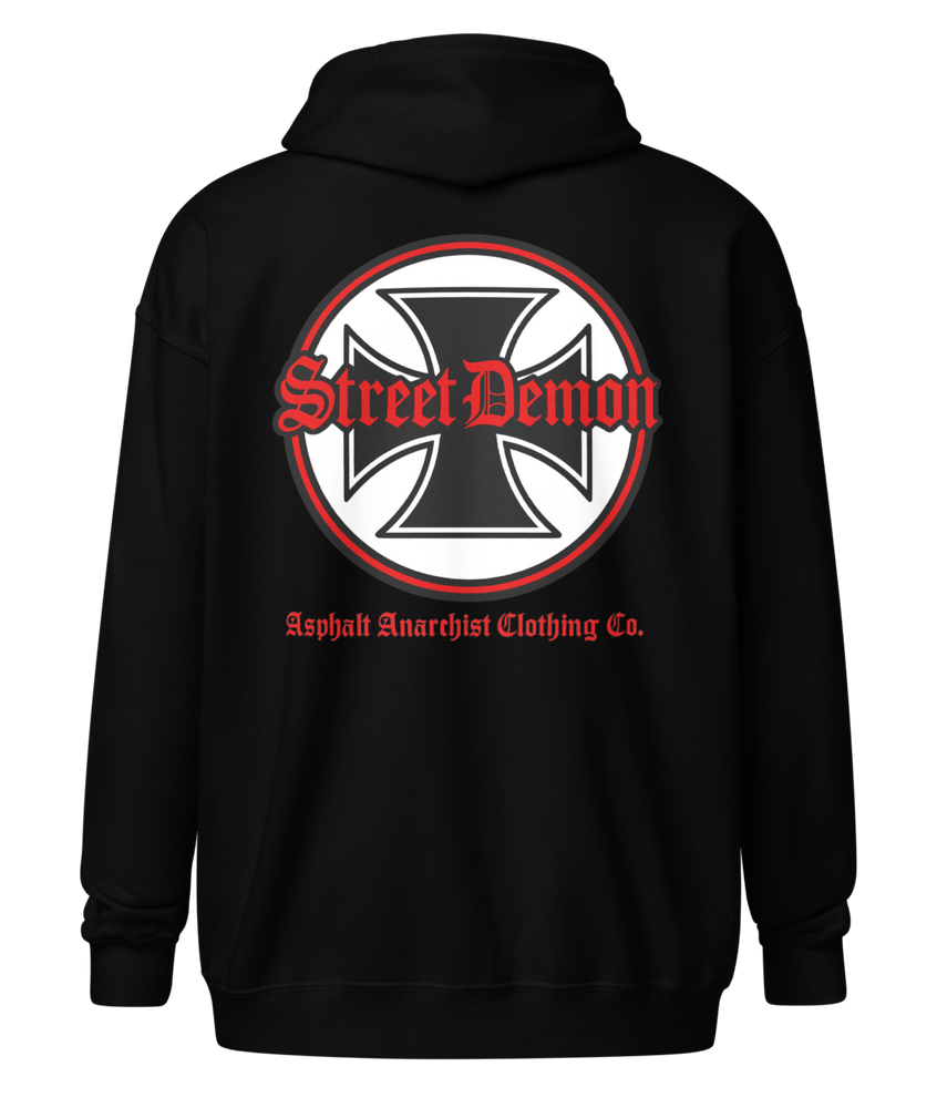 
                  
                    Back View. Street Demon Heavy Zipper Black Hoodie with bold Old English typography layered over a classic iron cross emblem. The design channels raw hot rod energy and outlaw attitude, printed on rugged fleece with a durable metal zipper for a rebellious finish. This image was generated by AI 

                  
                